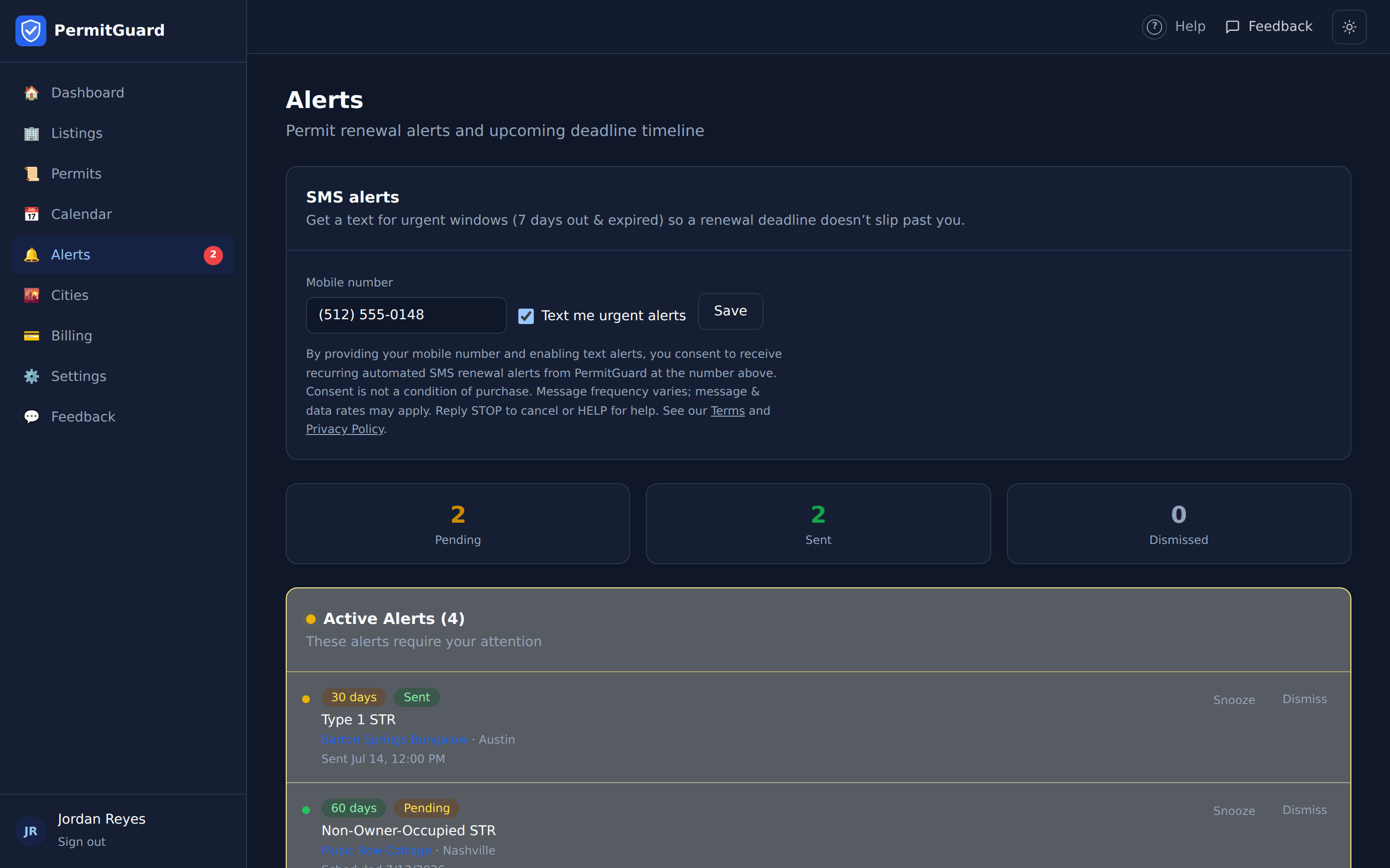 The Alerts page — SMS preferences, active alerts, upcoming timeline, and full history