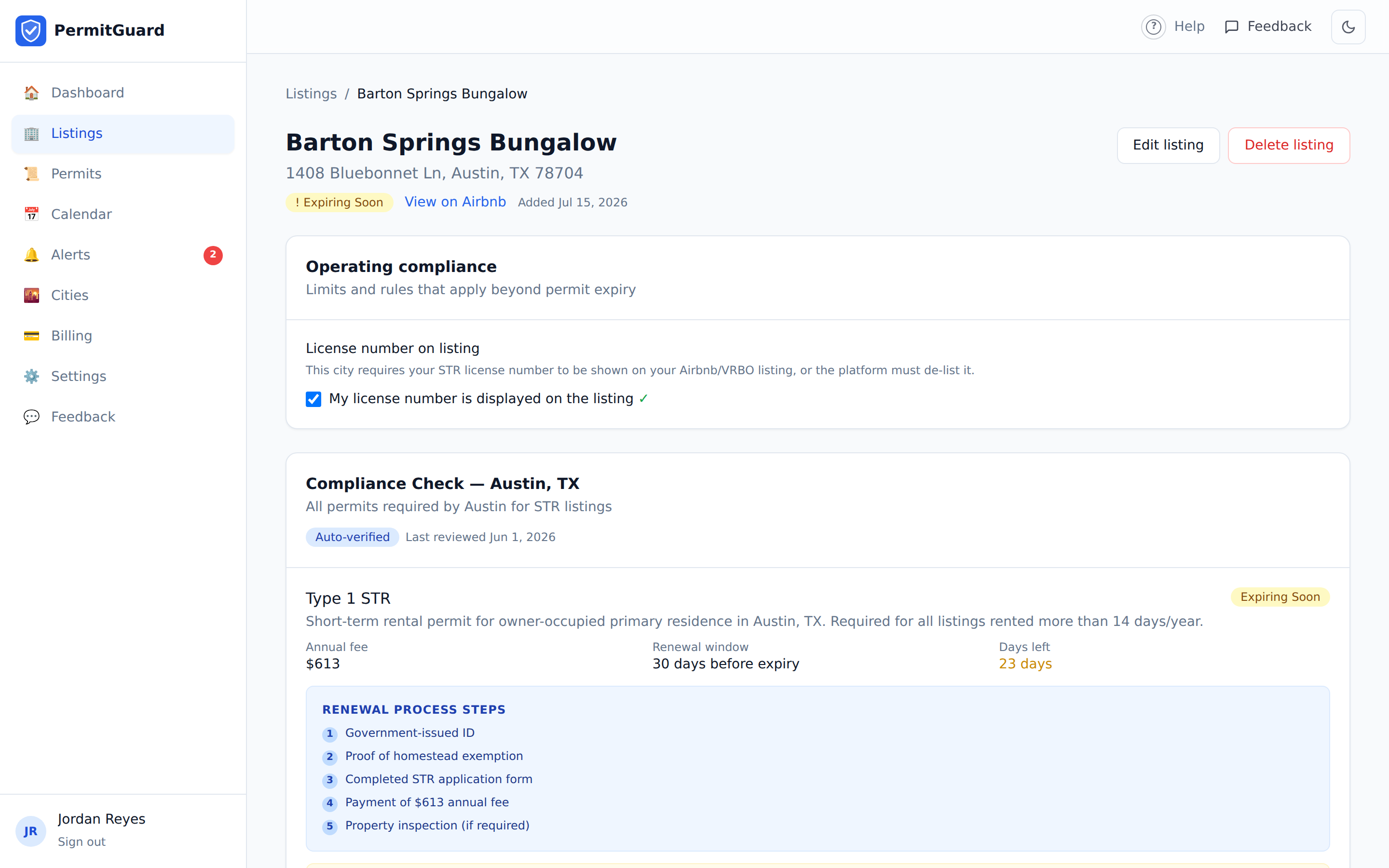 A PermitGuard listing page showing the exact renewal steps, fee, and days remaining