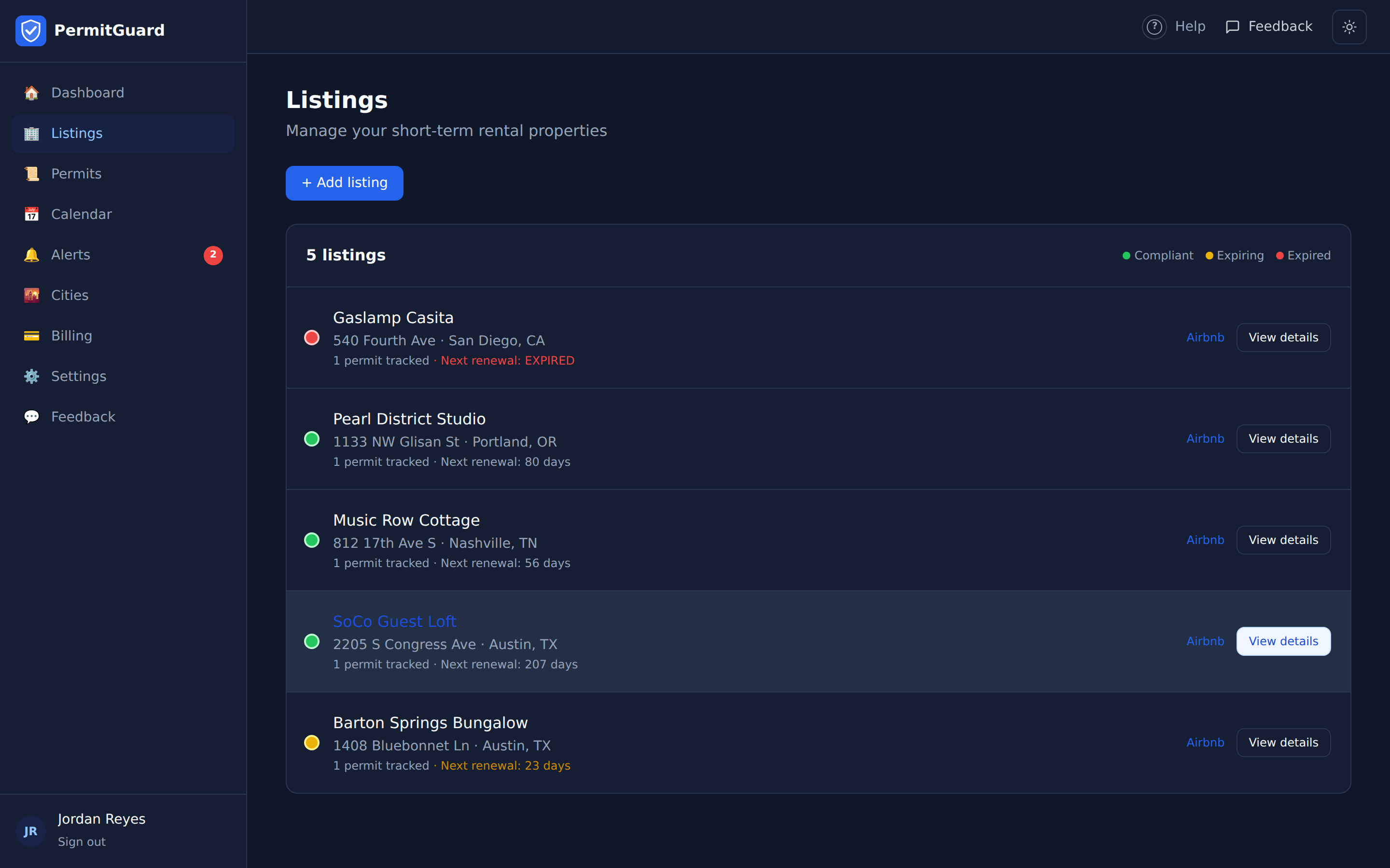 The Listings page — every property with its compliance dot and next renewal